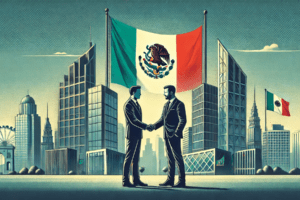 Dos empresarios estrechando manos frente a edificios modernos y una bandera de México ondeando, simbolizando acuerdos de inversión y colaboración gubernamental.