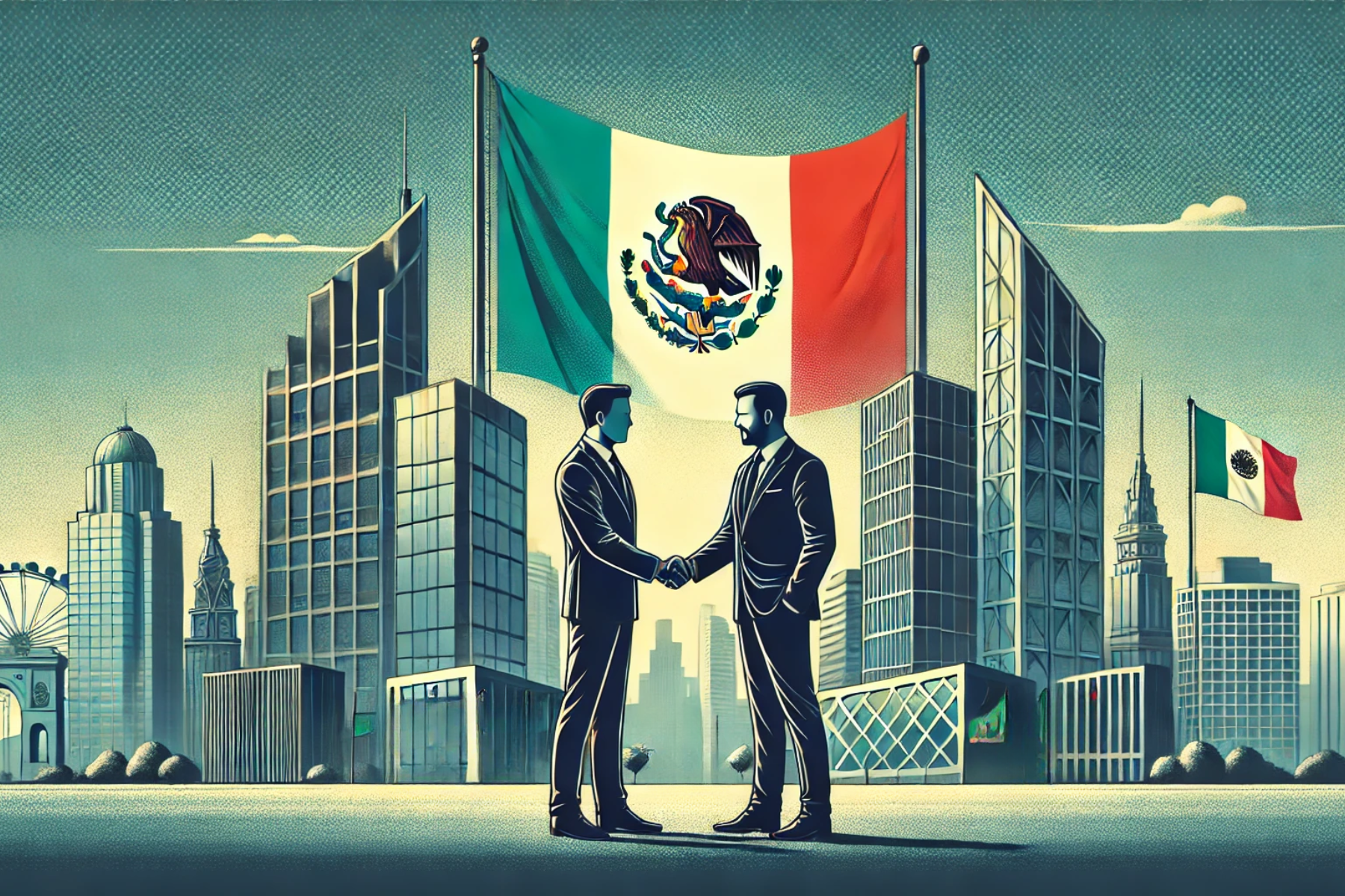 Dos empresarios estrechando manos frente a edificios modernos y una bandera de México ondeando, simbolizando acuerdos de inversión y colaboración gubernamental.