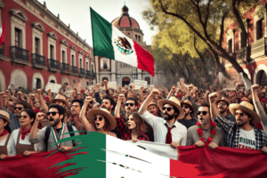 Maestros en México protestan contra la reforma a la Ley del ISSSTE, exigiendo su retiro. La multitud, vestida con sombreros y gafas de sol, sostiene una gran bandera mexicana y un lienzo rojo sin texto, mientras levantan los puños en señal de oposición. La manifestación ocurre en una calle con edificios coloniales y árboles de fondo, reflejando la presión del magisterio que llevó al gobierno a retirar la iniciativa.