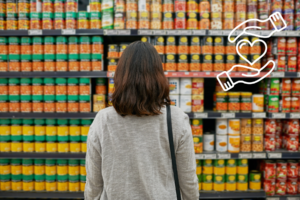 Mujer observando productos en un anaquel con un ícono de lealtad sobrepuesto, representando la disminución en la fidelidad del consumidor.