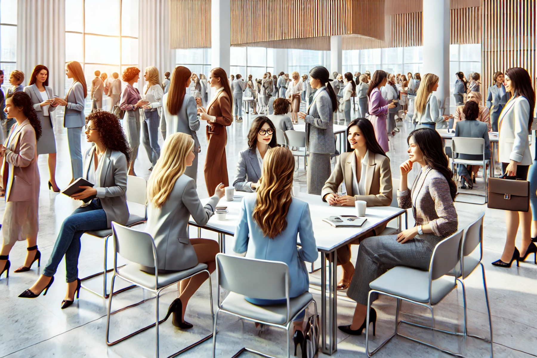 Grupo de mujeres emprendedoras en un evento de networking, conversando y compartiendo experiencias en un ambiente profesional.