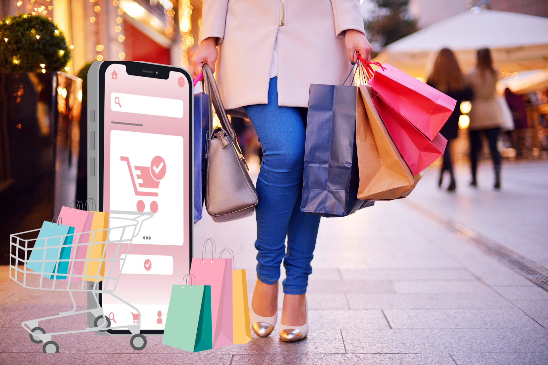 Mujeres con bolsas de compras, carrito de supermercado y celular, reflejando su influencia en las decisiones de consumo y el comercio digital.