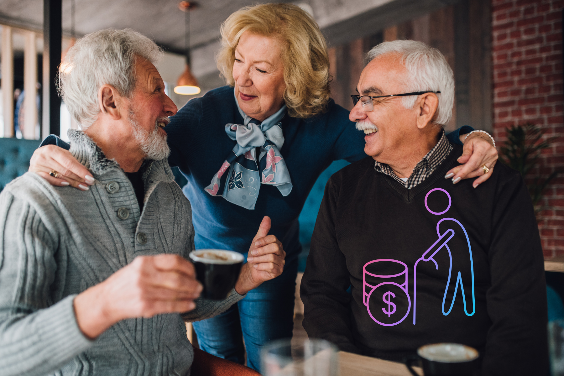 Tres adultos mayores conversando animadamente, con un ícono de pensionados en la imagen.