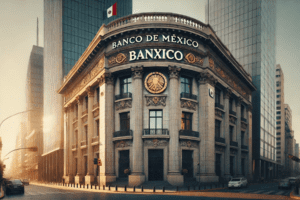 Fachada principal del Banco de México (Banxico) en Ciudad de México, destacando su arquitectura clásica y el logotipo oficial en la parte superior del edificio.