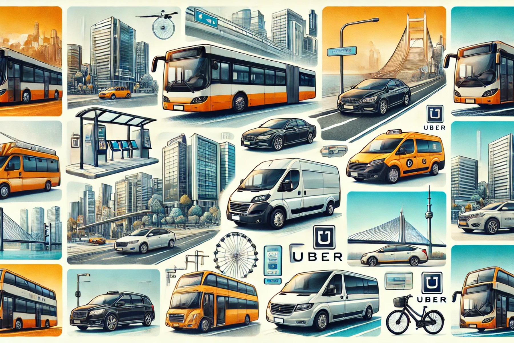 Collage de diferentes medios de transporte urbano, incluyendo autobuses públicos, camionetas de pasajeros y vehículos de aplicaciones como Uber.