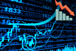 Gráfica de barras con variaciones negativas de los índices S&P 500, Nasdaq y Dow Jones durante el primer trimestre de 2025, acompañada de un ícono rojo de flecha descendente.
