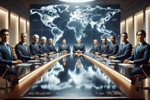 Líderes internacionales reunidos en una cumbre económica frente a un mapa mundial sin banderas ni nombres geográficos.
