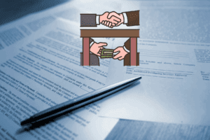 Imagen con carpetas de contratos y una gráfica ascendente junto a un icono de corrupción, ilustrando el aumento de adjudicaciones a empresas fantasma en el sexenio de Andrés Manuel López Obrador.