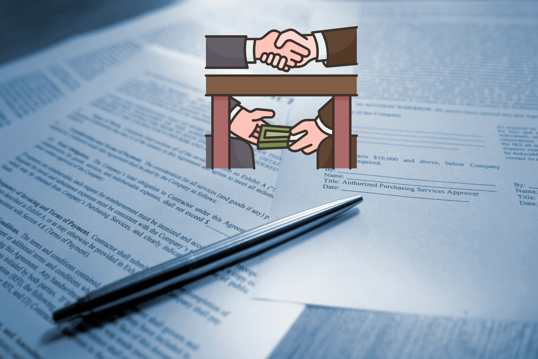 Imagen con carpetas de contratos y una gráfica ascendente junto a un icono de corrupción, ilustrando el aumento de adjudicaciones a empresas fantasma en el sexenio de Andrés Manuel López Obrador.
