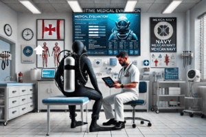Médico naval evaluando a un buzo en una clínica moderna con equipo especializado
