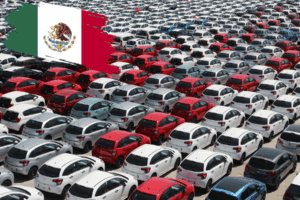Vista panorámica de una planta automotriz con numerosos autos estacionados y una gran bandera de México al fondo, simbolizando la fortaleza del sector automotriz en el país.