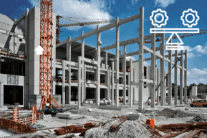 Gráfica del valor de producción en el sector construcción en México con tendencia a la estabilización, acompañada de una imagen de obra en desarrollo.