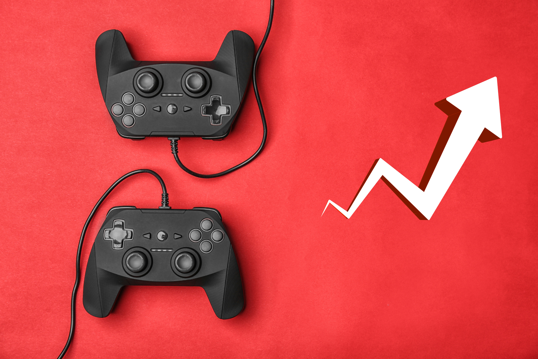 Dos controles de videojuegos con una flecha ascendente, simbolizando el crecimiento de la industria del gaming en México.