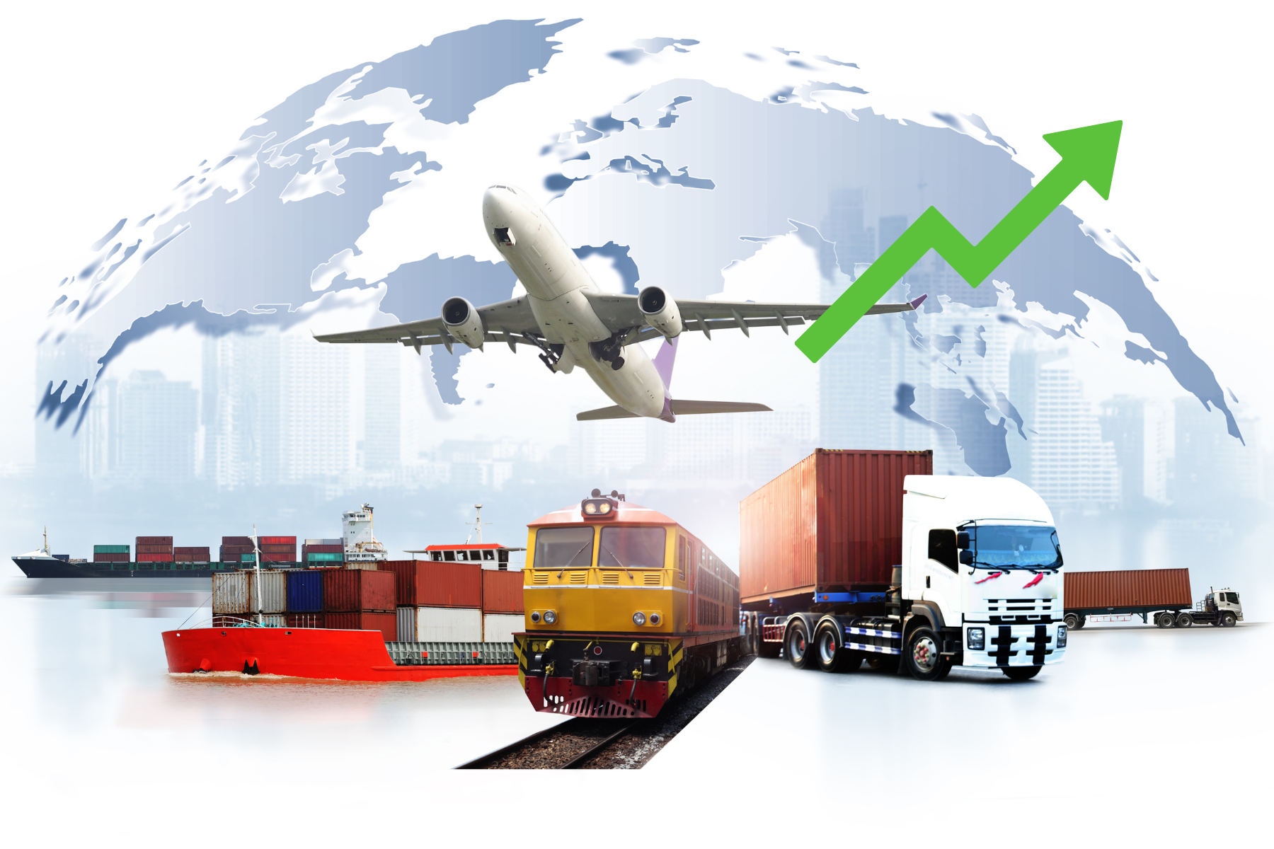 Ilustración de exportaciones mexicanas por aire, tierra y mar con íconos de crecimiento económico.
