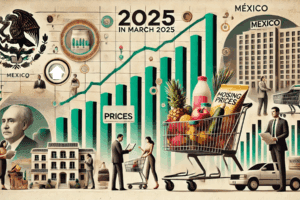 Collage formal que muestra el efecto de la inflación en México en marzo de 2025, con un gráfico de precios al alza, un carrito de supermercado con alimentos, un edificio de departamentos y personas revisando precios con preocupación.