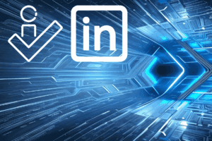 Imagen holográfica que muestra iconos de verificación de LinkedIn flotando en un fondo digital, simbolizando la expansión del sistema de autenticación a otras plataformas.