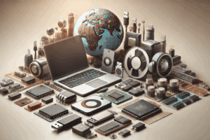 Collage de componentes tecnológicos como laptops, smartphones, USB y chips semiconductores dispuestos sobre fondo neutro.