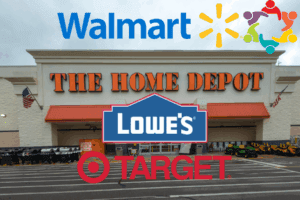 Logos de tiendas de Walmart, Target, Home Depot y Lowe’s en Estados Unidos
