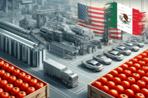 Jitomates, acero, aluminio y vehículos automotrices con la bandera de México al fondo.