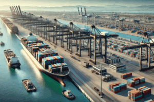 Vista panorámica del Puerto de Veracruz con buques y grúas en operación