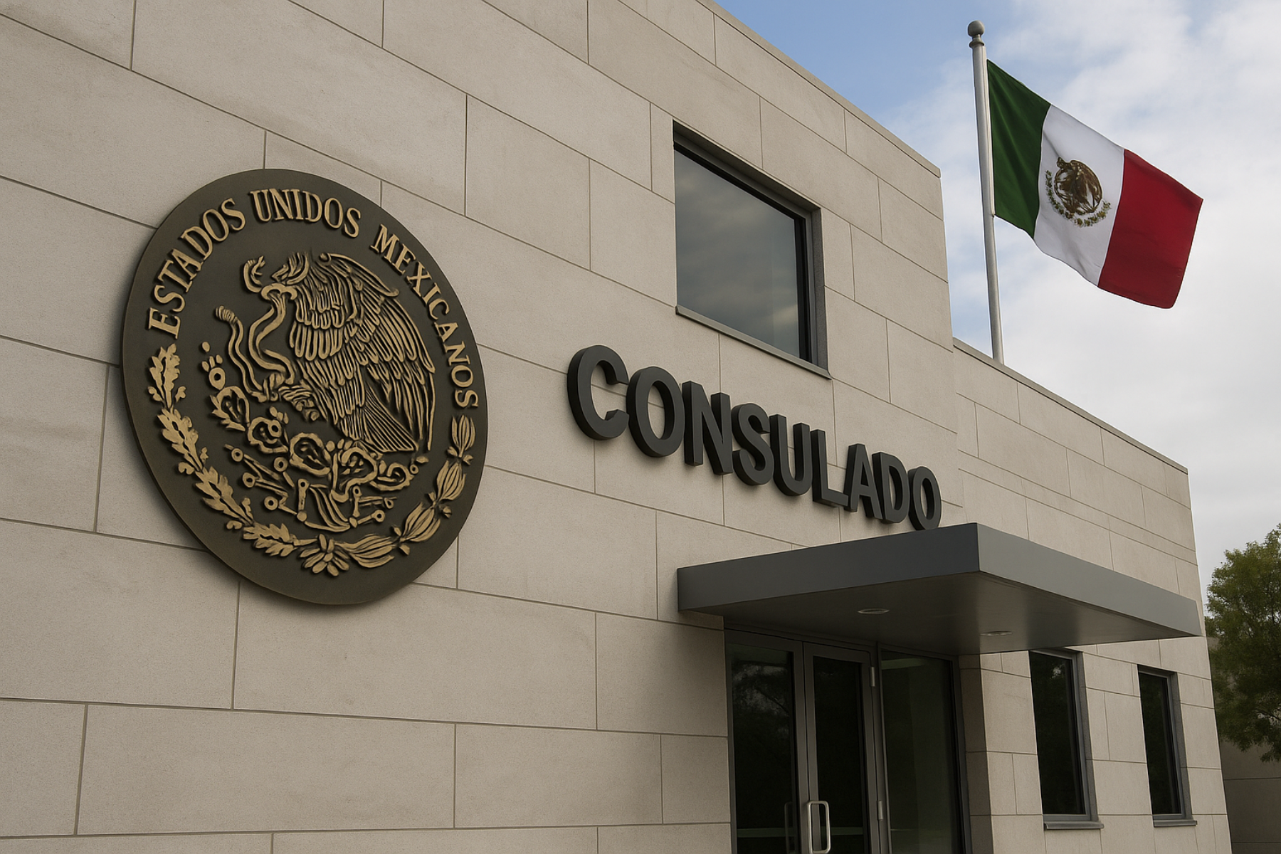 Vista exterior de un consulado de México con el escudo nacional, la palabra "CONSULADO" en letras negras y la bandera mexicana ondeando en un asta.