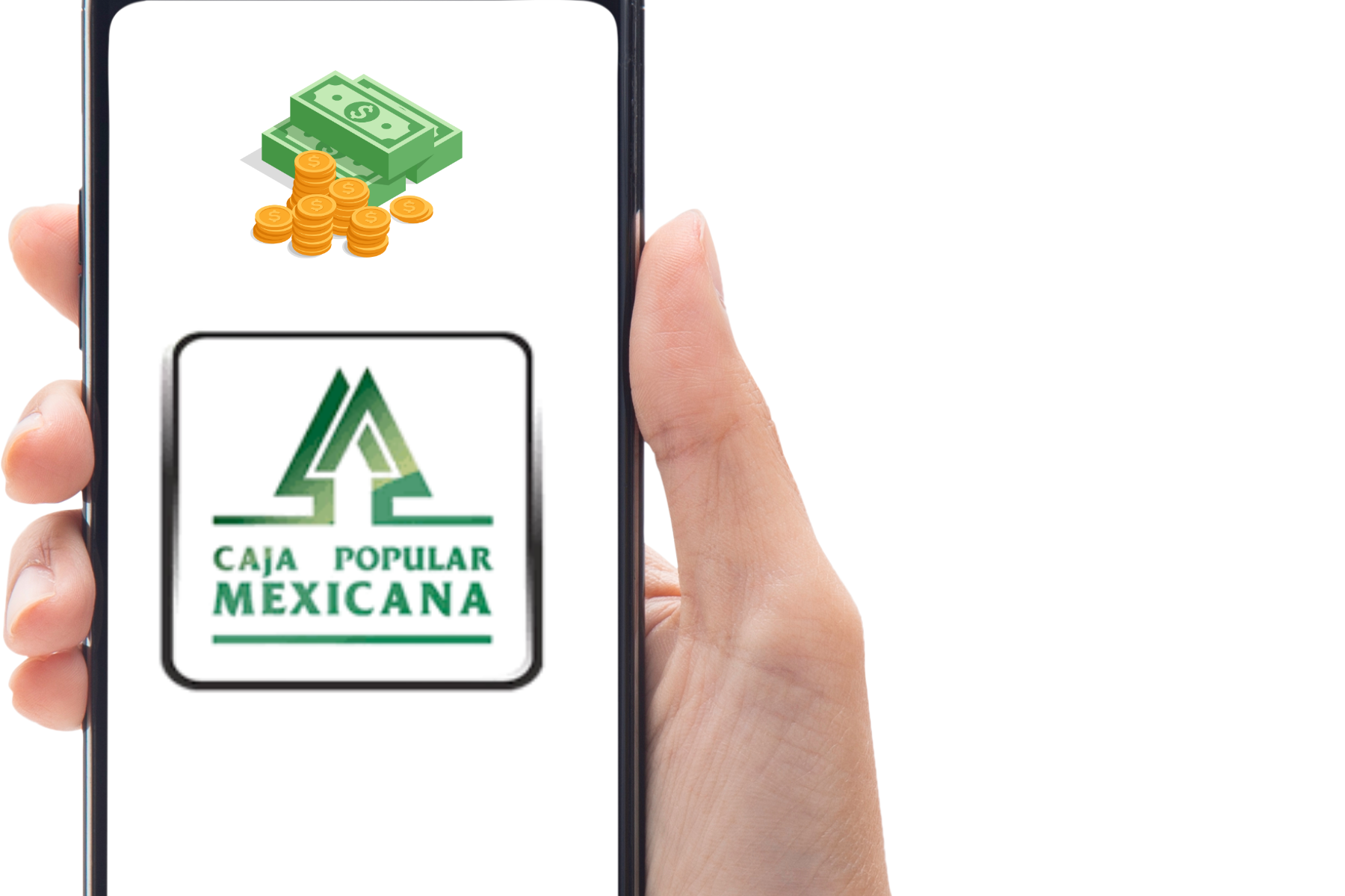 Mano sosteniendo un celular con la aplicación de Caja Popular Mexicana abierta y un ícono de dinero en pantalla