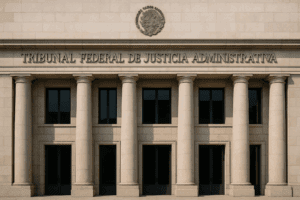 Fachada principal del Tribunal Federal de Justicia Administrativa, con columnas de estilo neoclásico y puertas de vidrio oscuro, bajo cielo despejado.