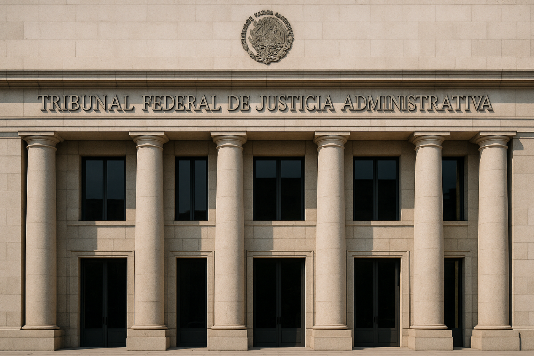 Fachada principal del Tribunal Federal de Justicia Administrativa, con columnas de estilo neoclásico y puertas de vidrio oscuro, bajo cielo despejado.