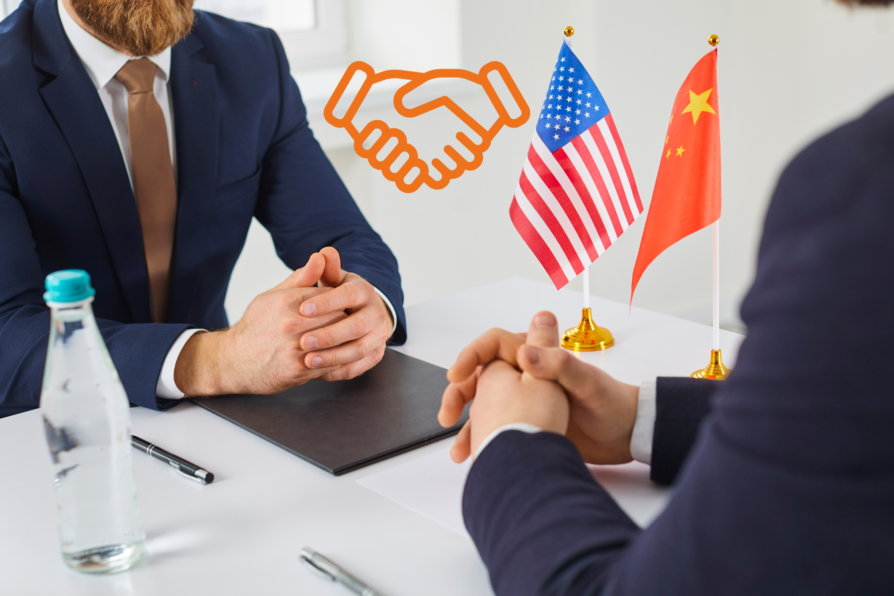 Dos representantes de Estados Unidos y China estrechan la mano en una mesa de negociación, con las banderas de ambos países al fondo y un ícono de acuerdo resaltando el entendimiento alcanzado.