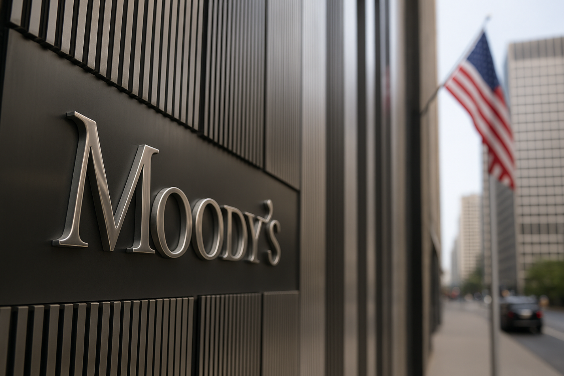 Fachada del edificio de Moody’s con una bandera de Estados Unidos ondeando al fondo en una calle de ciudad.