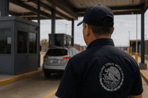Agente de aduanas mexicano con escudo nacional en el uniforme observa un puesto de inspección fronteriza