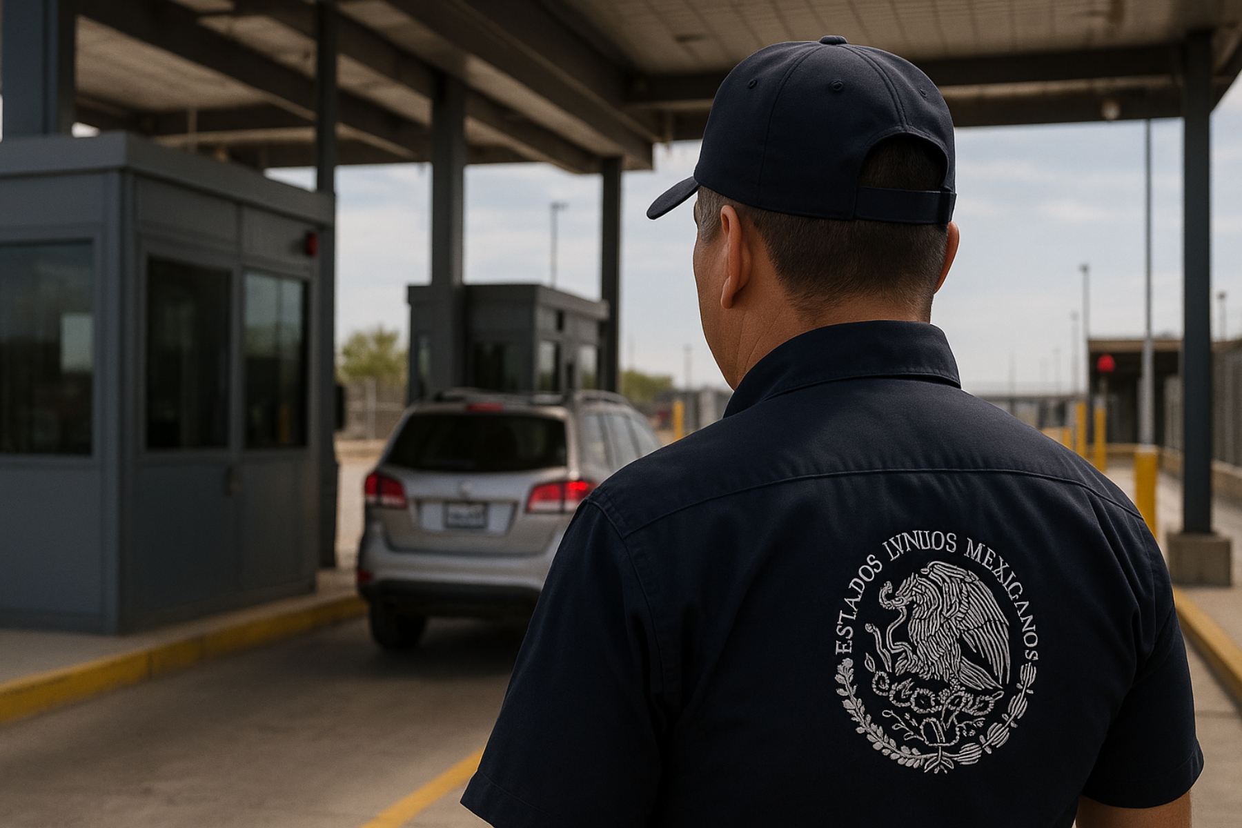 Agente de aduanas mexicano con escudo nacional en el uniforme observa un puesto de inspección fronteriza