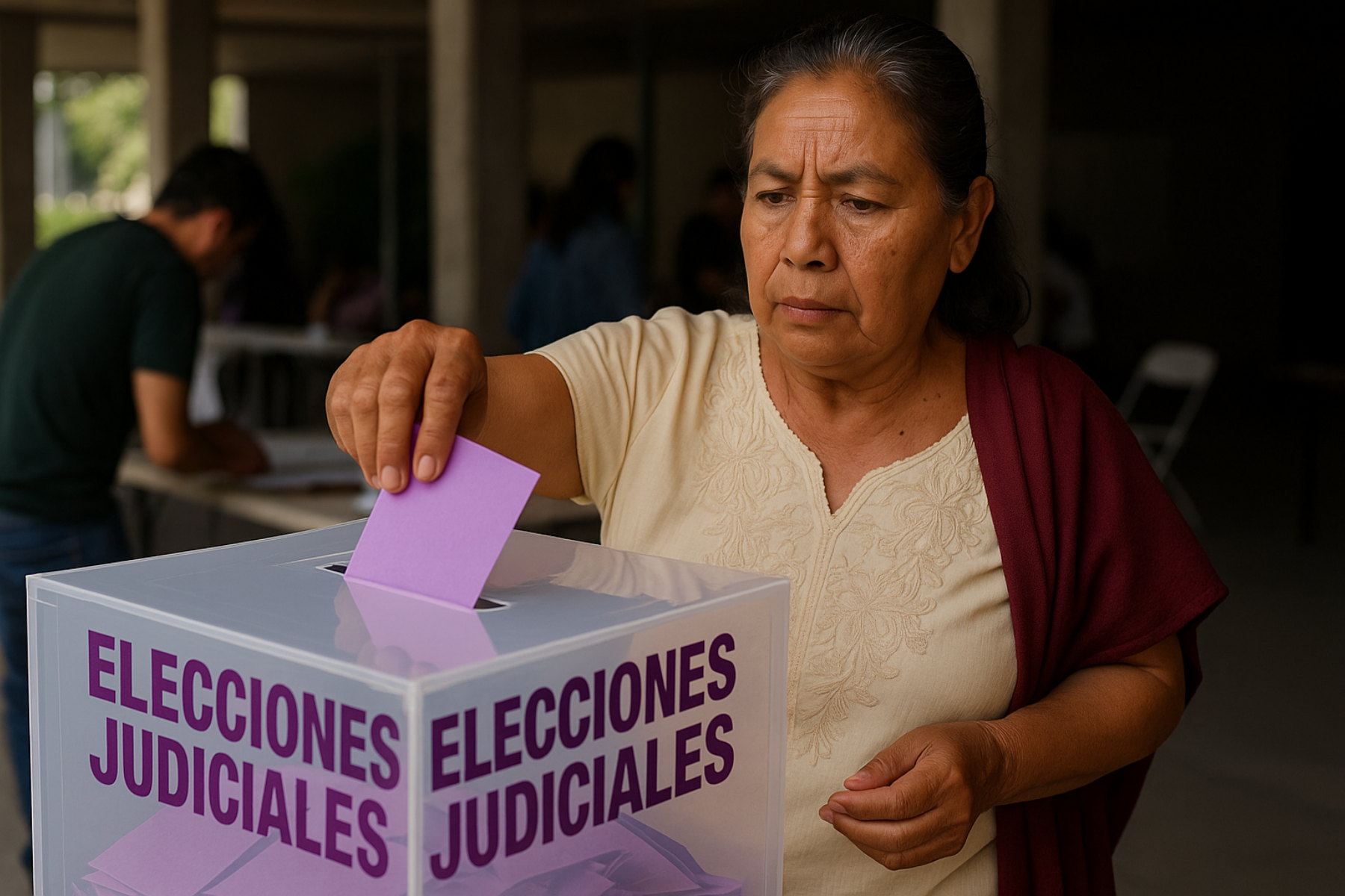 Mujer mexicana deposita una boleta morada en una urna transparente rotulada con «Elecciones Judiciales», durante los comicios nacionales en México.