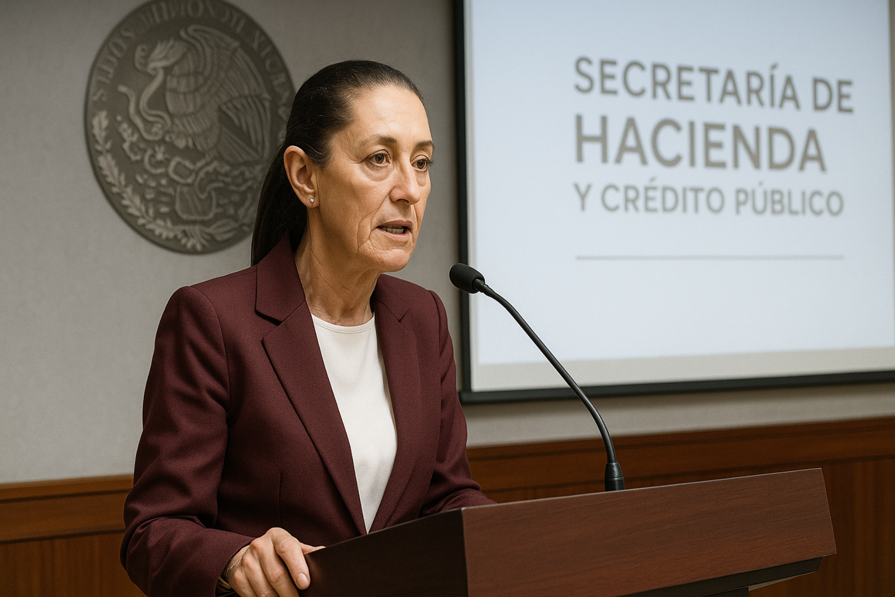 Mujer en podio oficial, con escudo nacional y logotipo de la Secretaría de Hacienda y Crédito Público al fondo, en un acto institucional