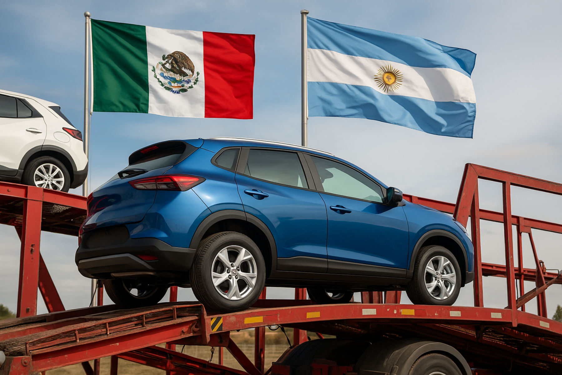 Vehículo SUV azul sobre una plataforma de transporte automotriz, con las banderas de México y Argentina ondeando al fondo en un cielo despejado.