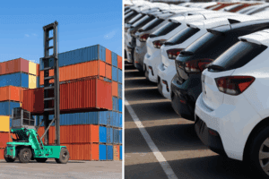 Contenedores de carga en crecimiento contrastan con vehículos estacionados reflejando la caída en exportaciones automotrices.
