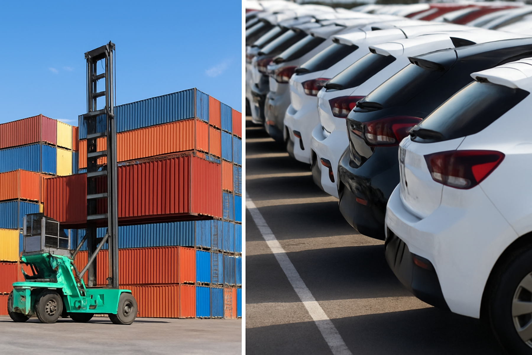 Contenedores de carga en crecimiento contrastan con vehículos estacionados reflejando la caída en exportaciones automotrices.