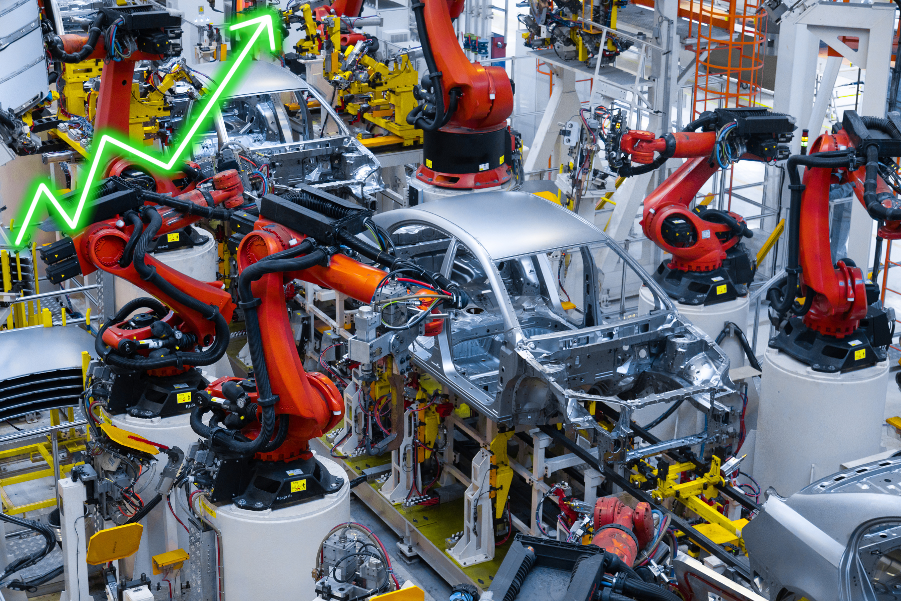 Línea de ensamblaje de autos en planta mexicana con flecha ascendente que simboliza crecimiento en exportaciones hacia Estados Unidos.