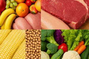 Collage de productos agropecuarios que incluye frutas frescas, pechuga de pollo cruda, carne de res, elotes, soya en grano y hortalizas variadas como brócoli, lechuga, zanahoria y coliflor, sobre fondo de madera, representando la diversidad del comercio agrícola de América del Norte.