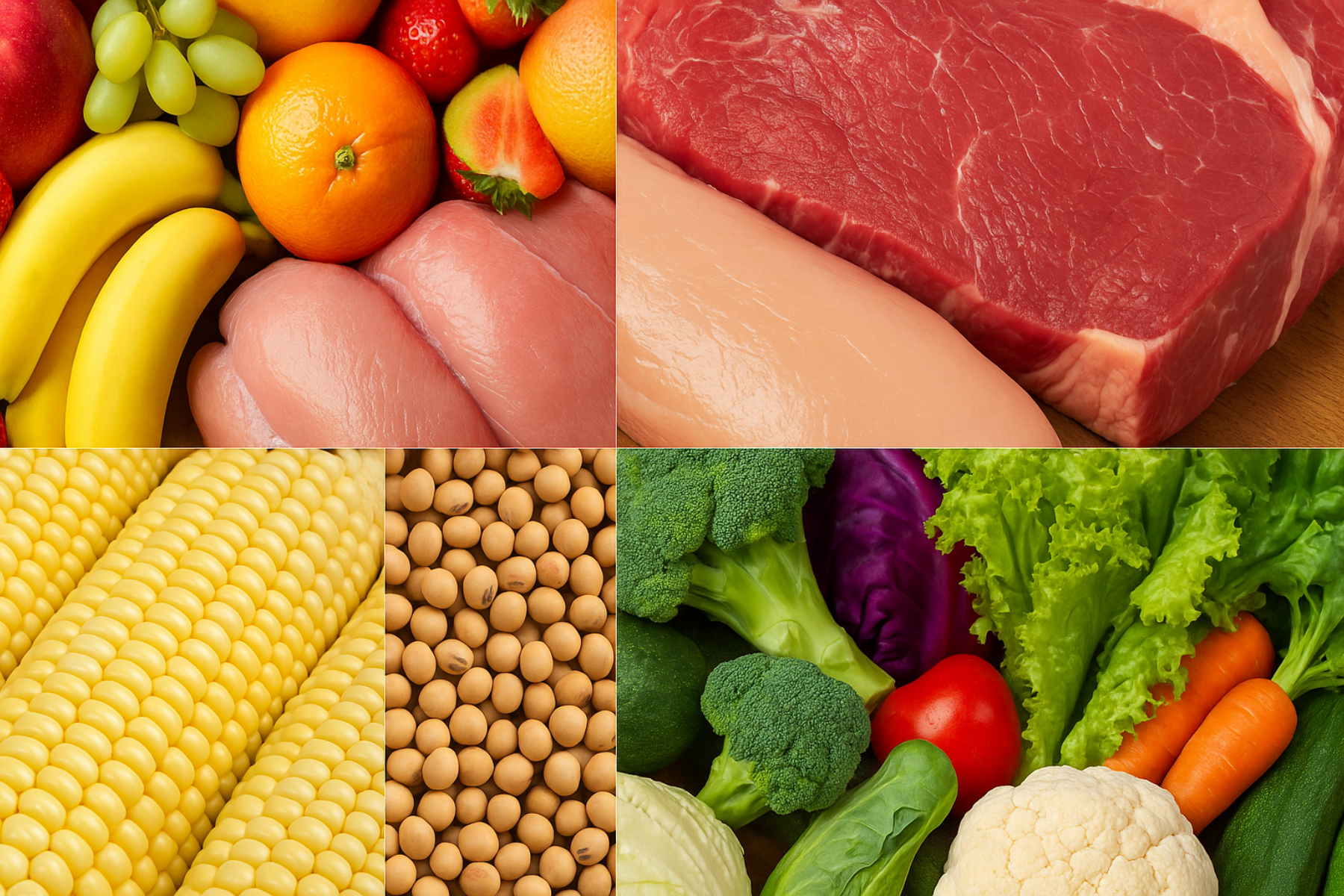 Collage de productos agropecuarios que incluye frutas frescas, pechuga de pollo cruda, carne de res, elotes, soya en grano y hortalizas variadas como brócoli, lechuga, zanahoria y coliflor, sobre fondo de madera, representando la diversidad del comercio agrícola de América del Norte.