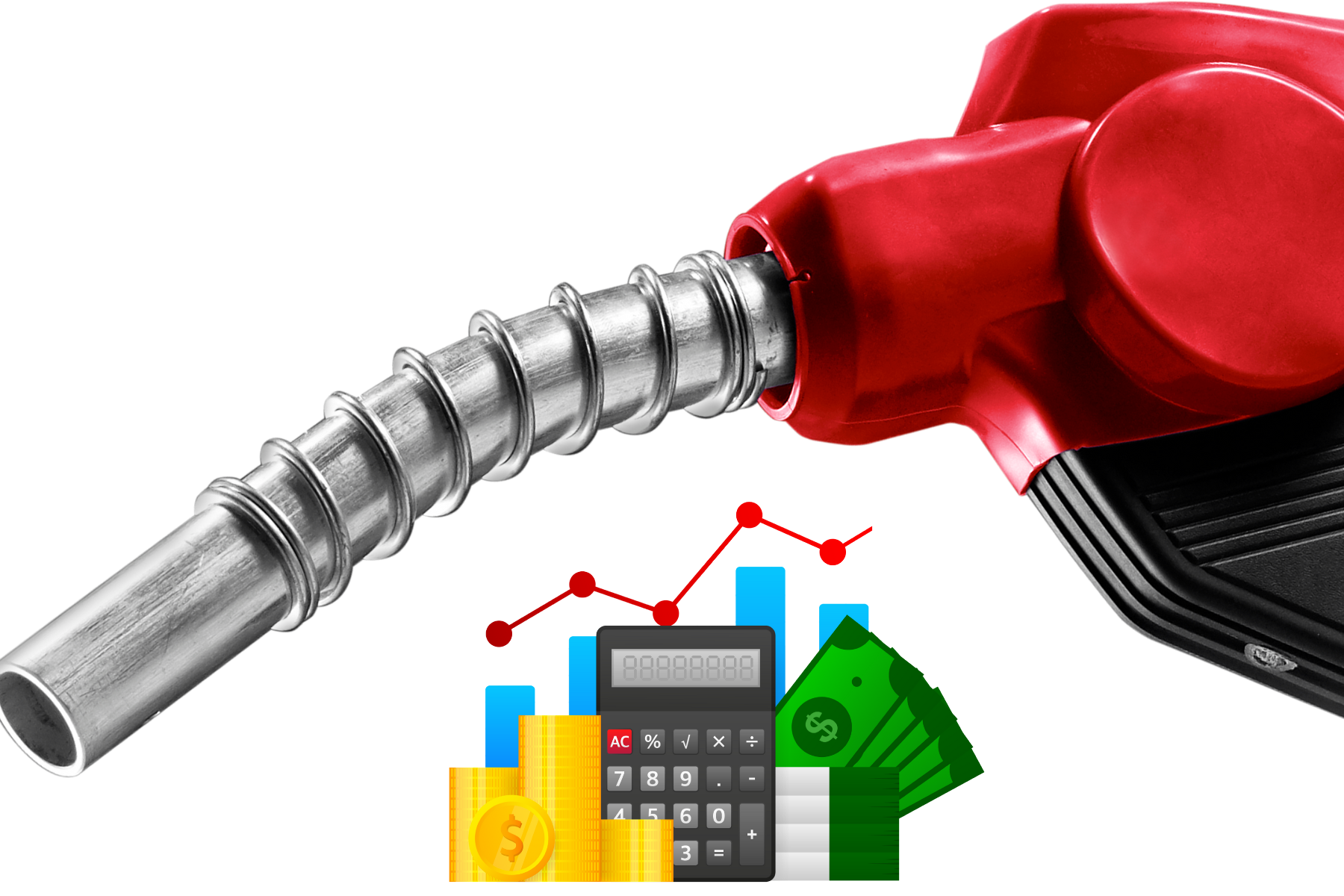 Manguera de gasolina con ícono de dinero y una calculadora sobre fondo neutro, simbolizando el retiro de estímulos fiscales a combustibles en México.