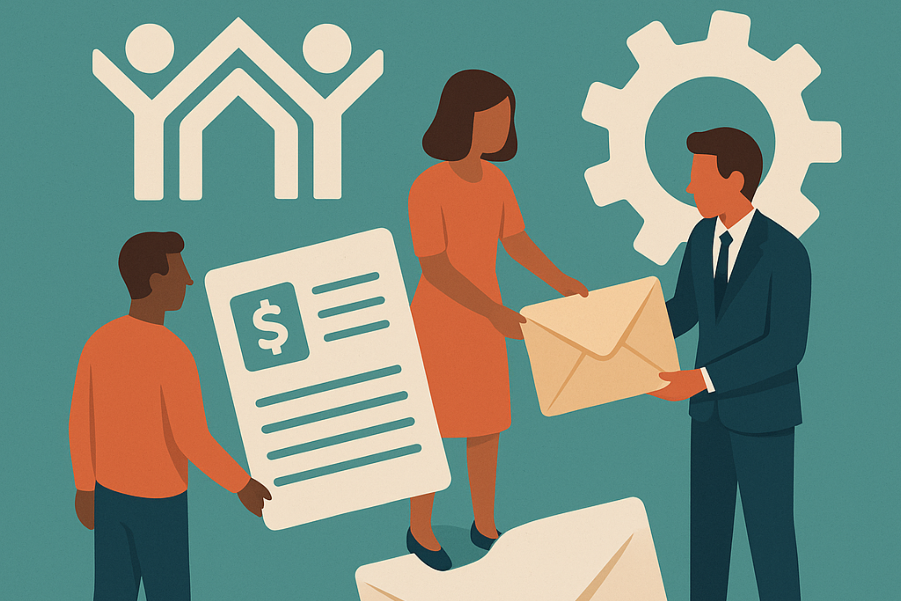 Un hombre de traje entrega un sobre a un trabajador joven en una oficina, simbolizando la implementación de nuevos procesos administrativos para aplicar descuentos salariales vinculados a créditos Infonavit.