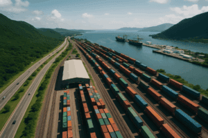 Vista aérea de un puerto industrial con contenedores, vías férreas, carretera y montañas alrededor del Corredor Interoceánico del Istmo de Tehuantepec.