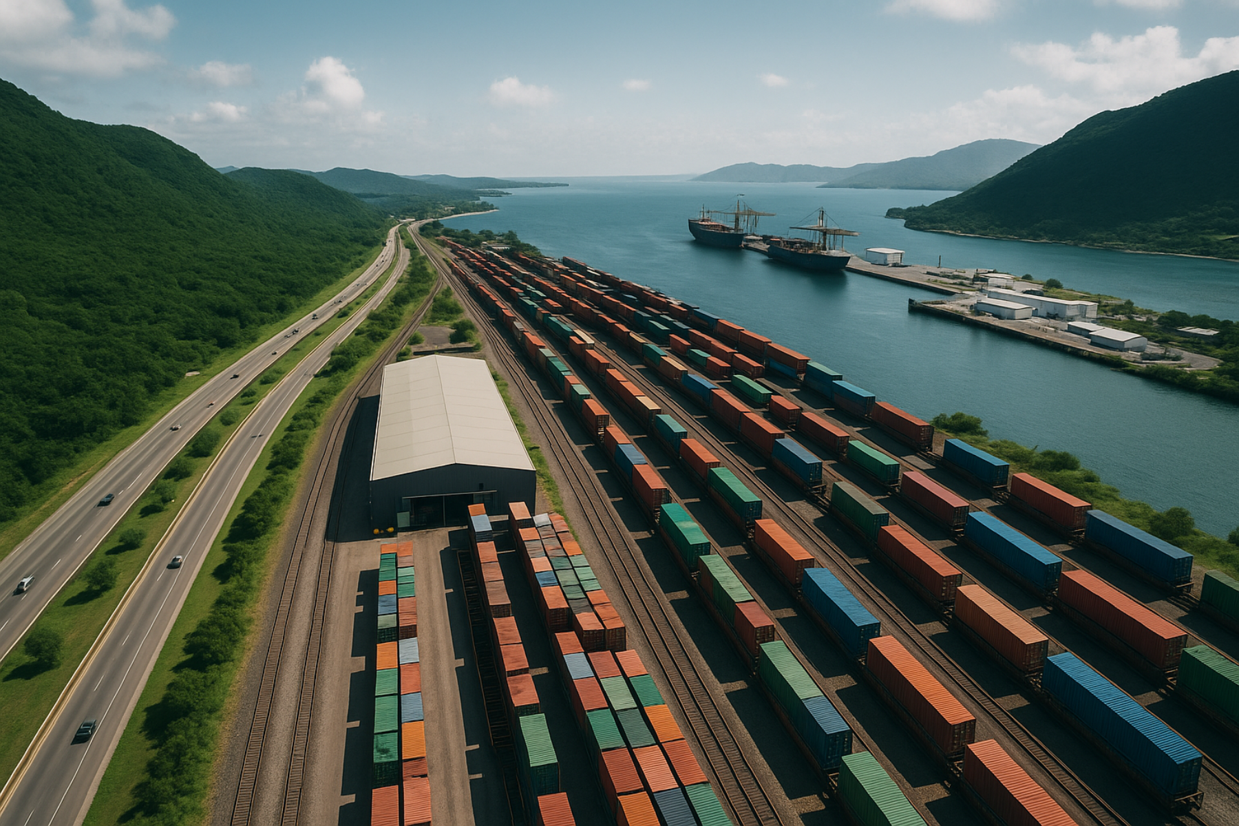 Vista aérea de un puerto industrial con contenedores, vías férreas, carretera y montañas alrededor del Corredor Interoceánico del Istmo de Tehuantepec.