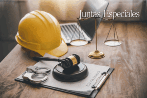 Casco de seguridad, balanza de la justicia, esposas, contrato laboral y martillo de juez sobre un escritorio, simbolizando la reestructuración de competencias en la justicia laboral.