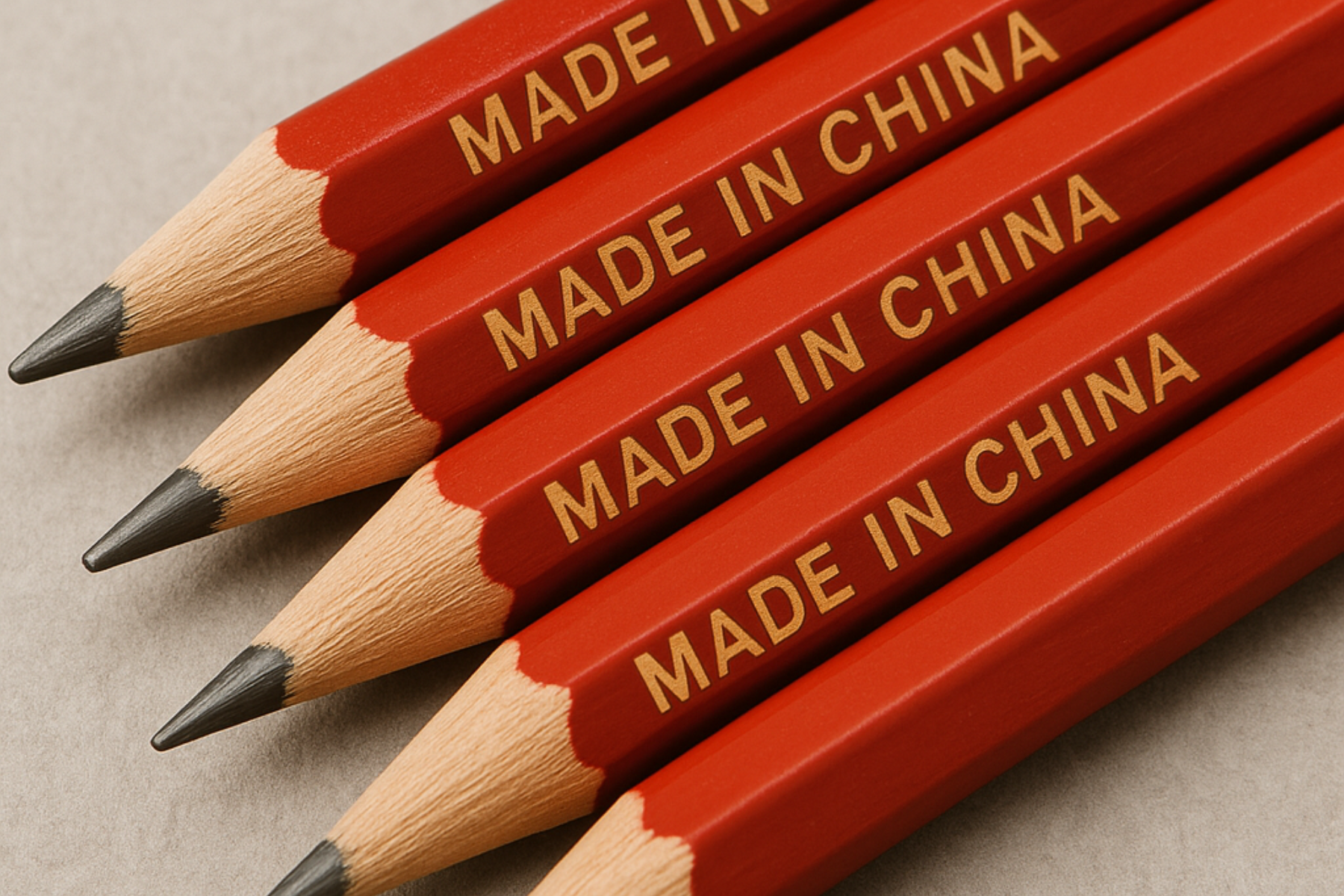 Lápices de color rojo con la leyenda «MADE IN CHINA» grabada en dorado sobre un fondo rojo.