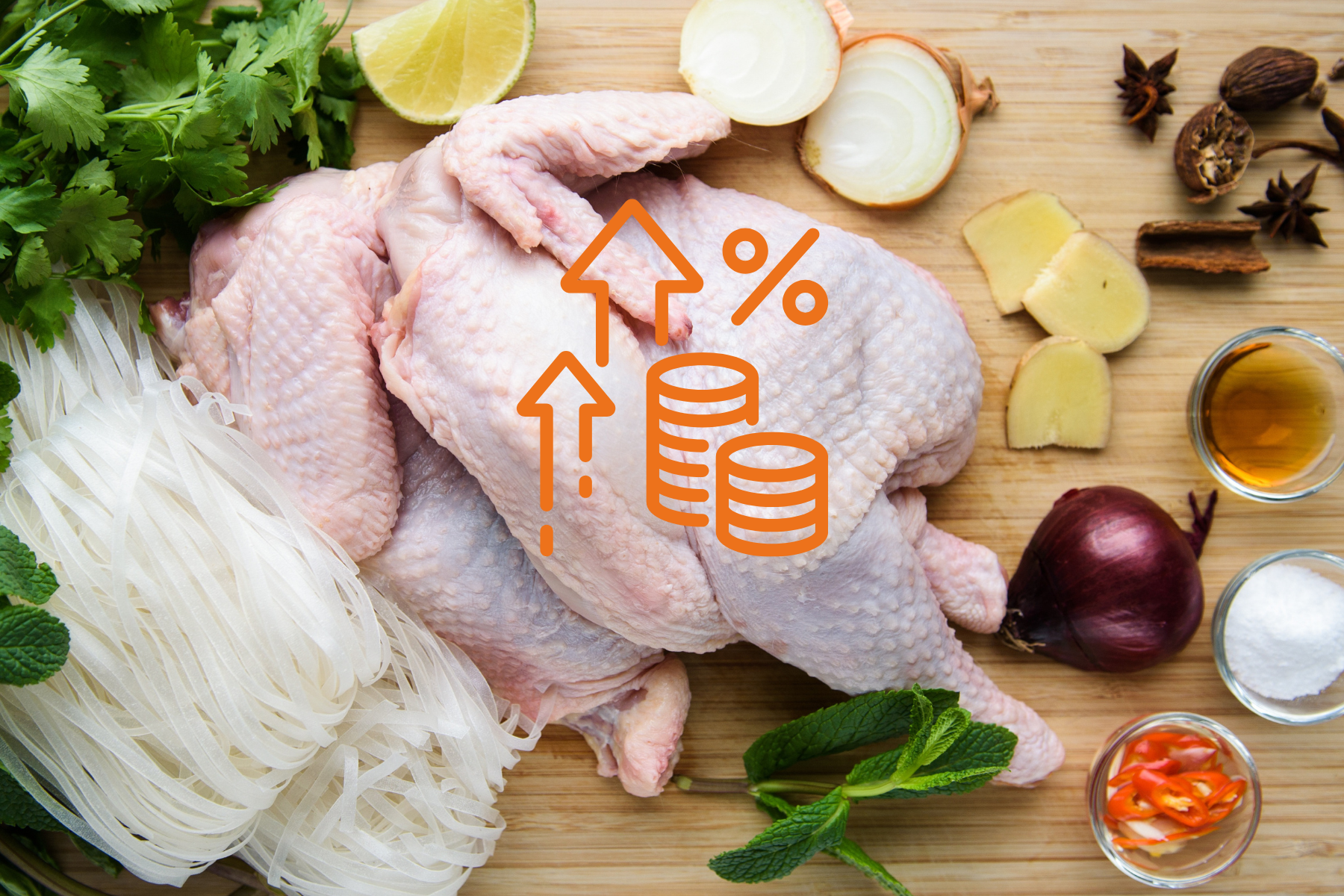 Ilustración de un pollo con un icono de inflación en aumento, simbolizando el alza de precios registrada en la primera quincena de mayo de 2025 en México.