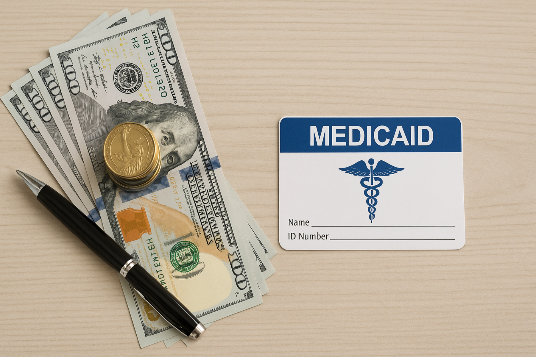 Billetes de cien dólares y monedas junto a una tarjeta de Medicaid sobre una superficie de madera clara.