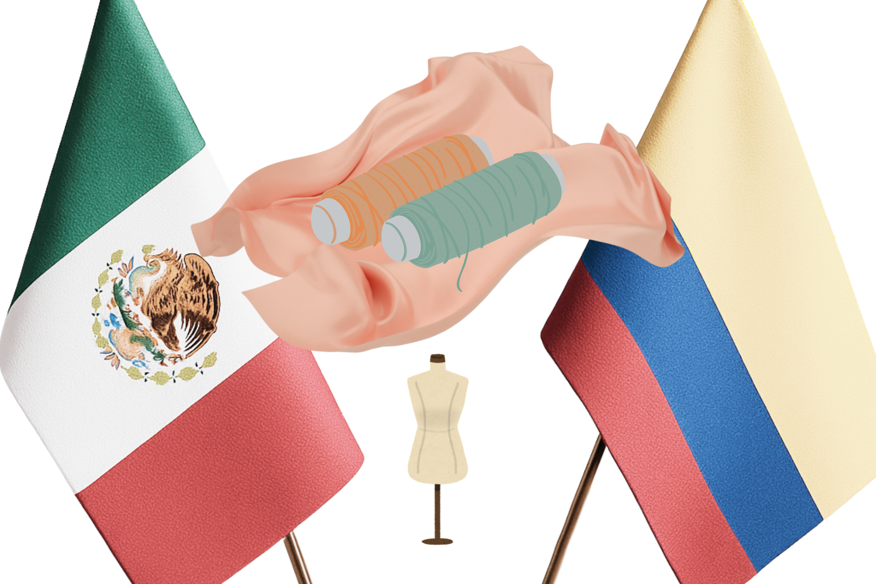 Banderas de México y Colombia sobre una mesa de trabajo textil, junto a una tela blanca, un maniquí de costura y varios hilos de colores.
