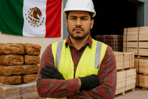 Trabajador mexicano con casco y chaleco de seguridad frente a un almacén, con materiales de caucho y madera, y una bandera de México de fondo.